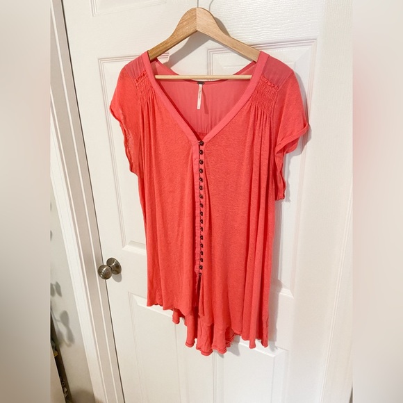 Free People Highland Linen Blend Summer Tee Top Pink Oversized Size Small - Picture 5 of 8